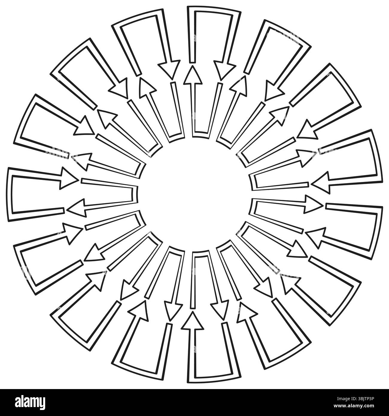 Arrow radial layout. Circular motion symbol. White background vector. Symmetry pointer form. Stock Vector