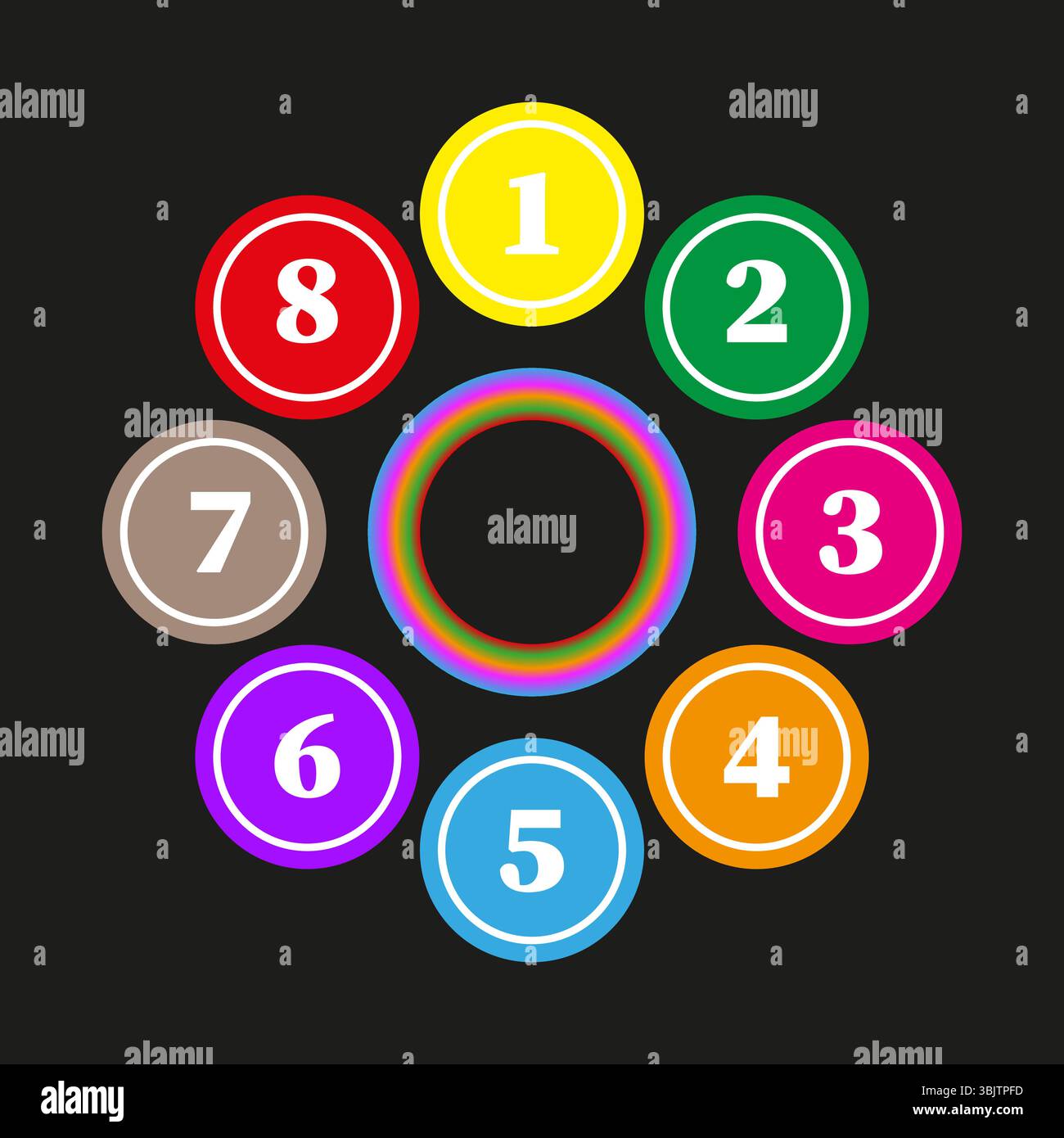 Colorful number circles. Digits one to eight. Round gradient icons. Vector numeric set. Stock Vector