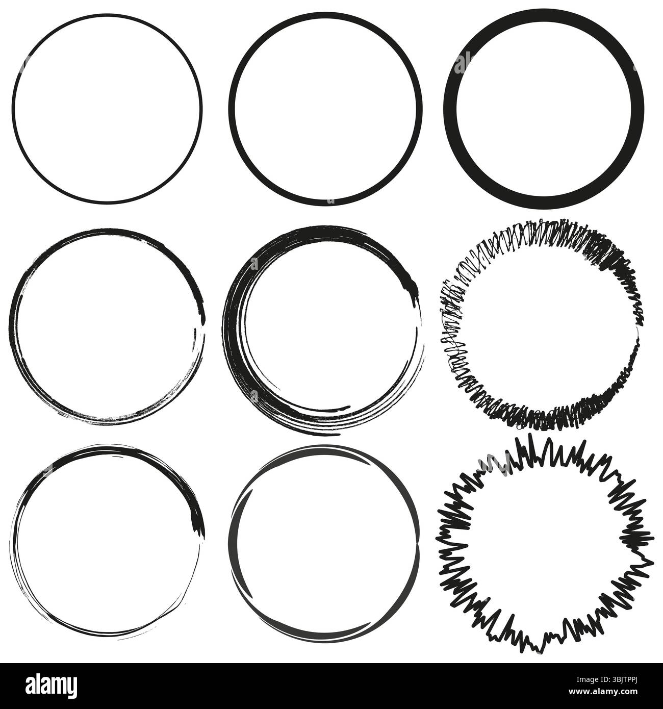 Outlined circle shapes. Rough ring pattern. Fuzzy circle stroke. Vector round elements. Stock Vector