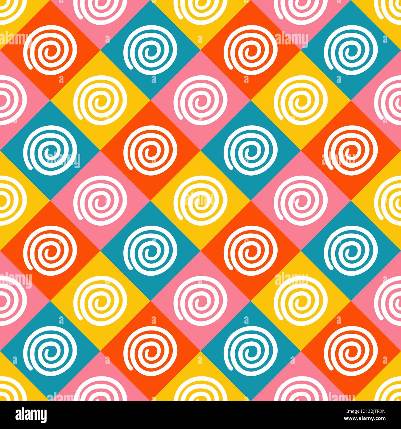 Spirals in colourful tiles seamless vector pattern Stock Vector