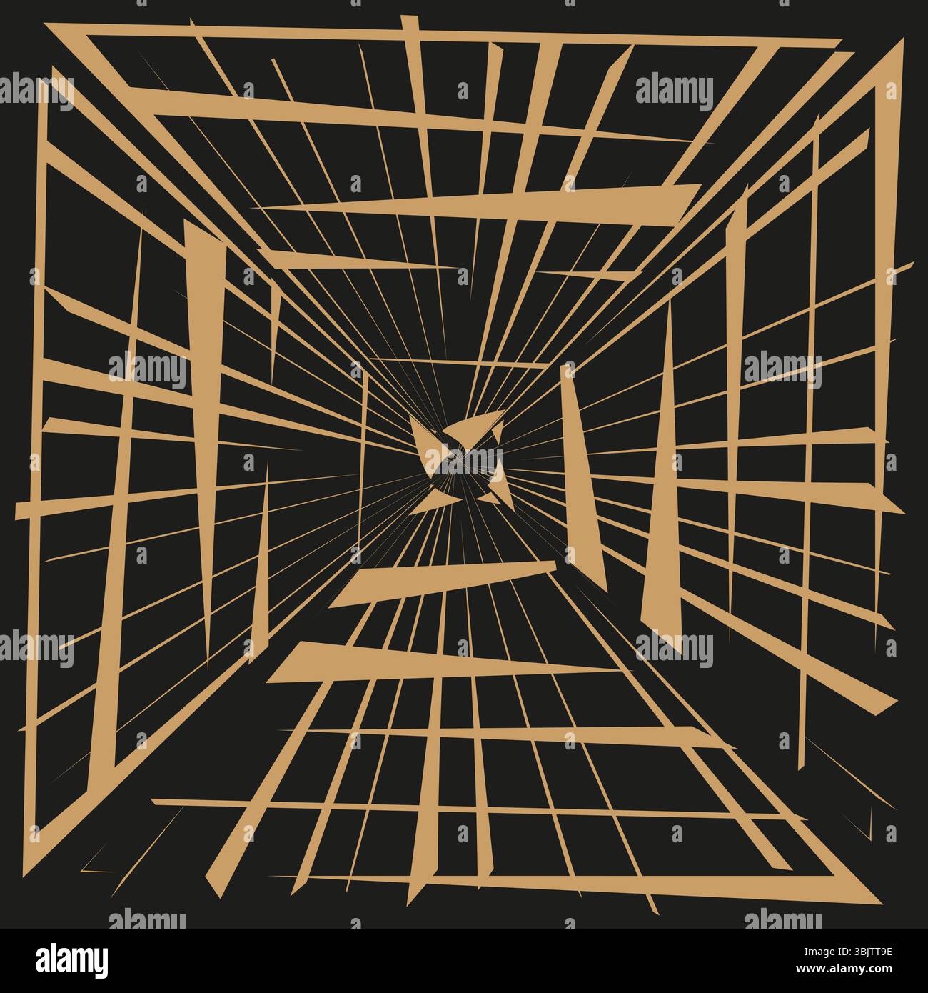 Tunnel perspective icon. Golden square shape. Black vector layout. Abstract geometric depth. Stock Vector