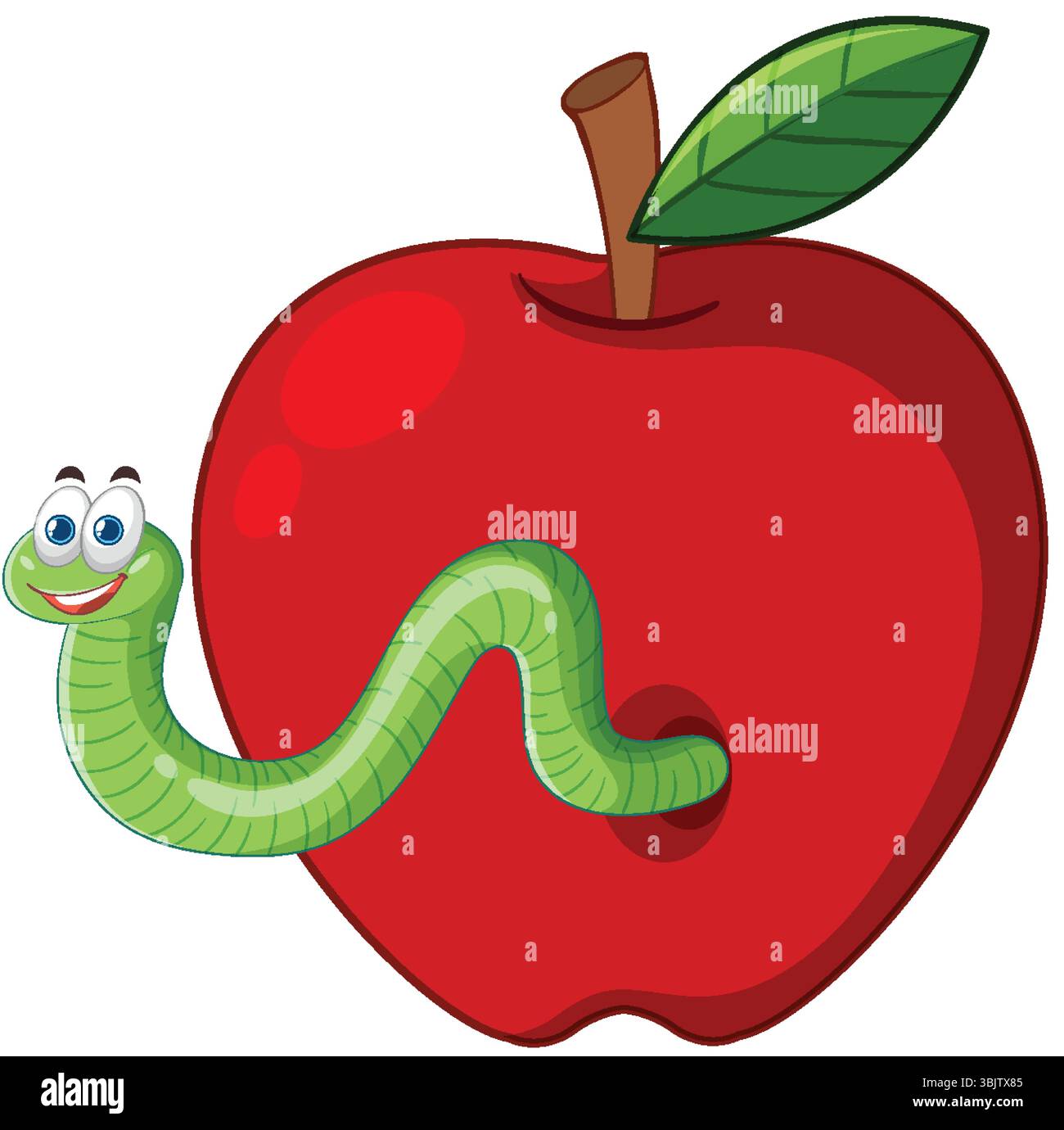 Vector illustration of a smiling worm emerging from a bright red apple ...