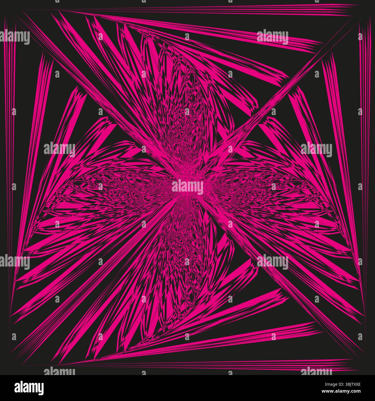 Pink abstract star. Symmetric geometric form. Vector radiating pattern. Black background contrast. Stock Vector