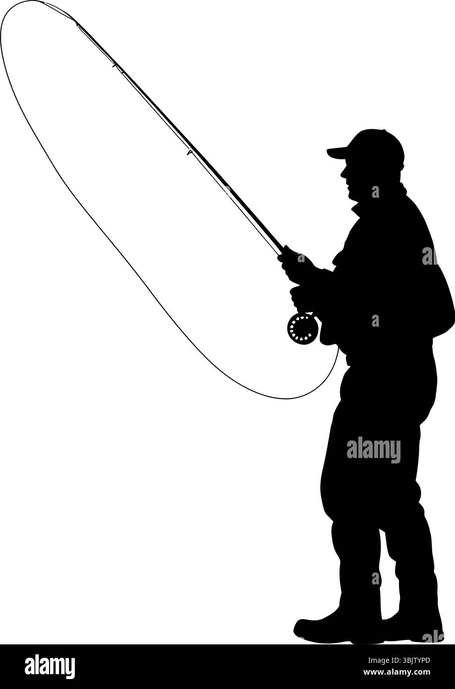 Fly fisherman silhouette casting line angling outdoor hobby pastime sport Stock Vector
