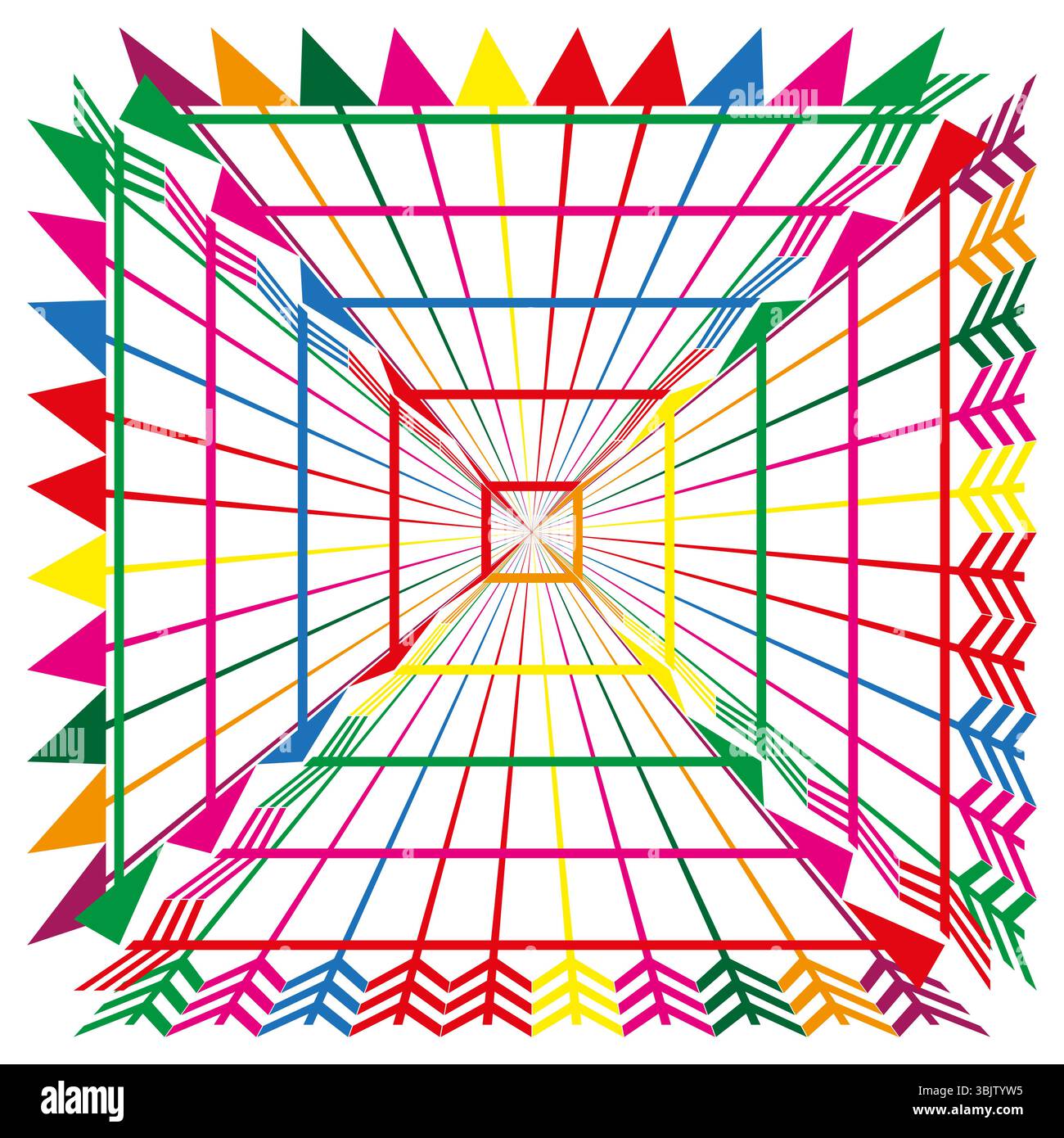 Geometric frame depth. Perspective vector lines. Bright colorful tunnel. Optical illusion square. Stock Vector