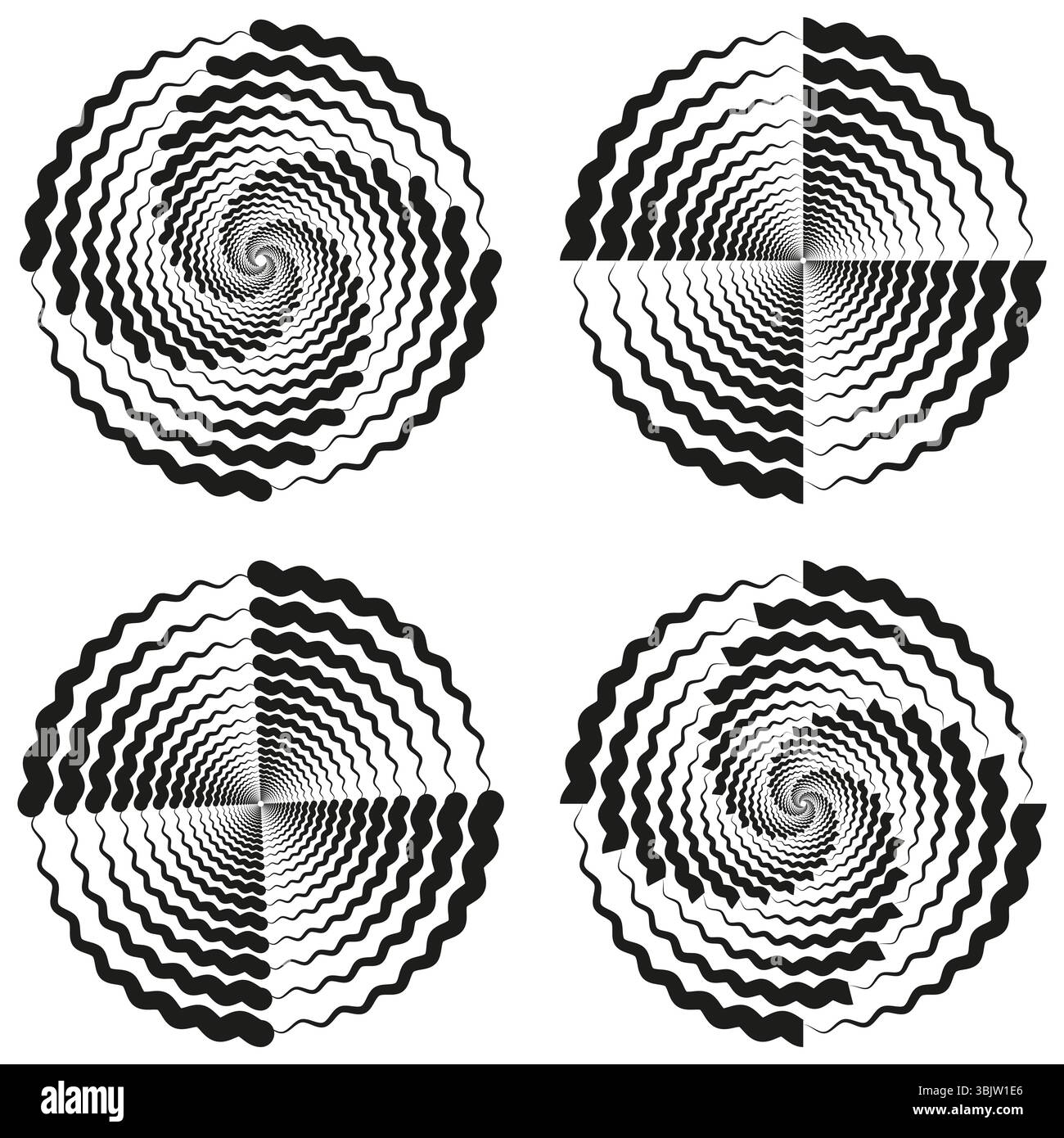 Circular wave set. Optical spiral forms. Black abstract shapes. Vector motion design. Stock Vector