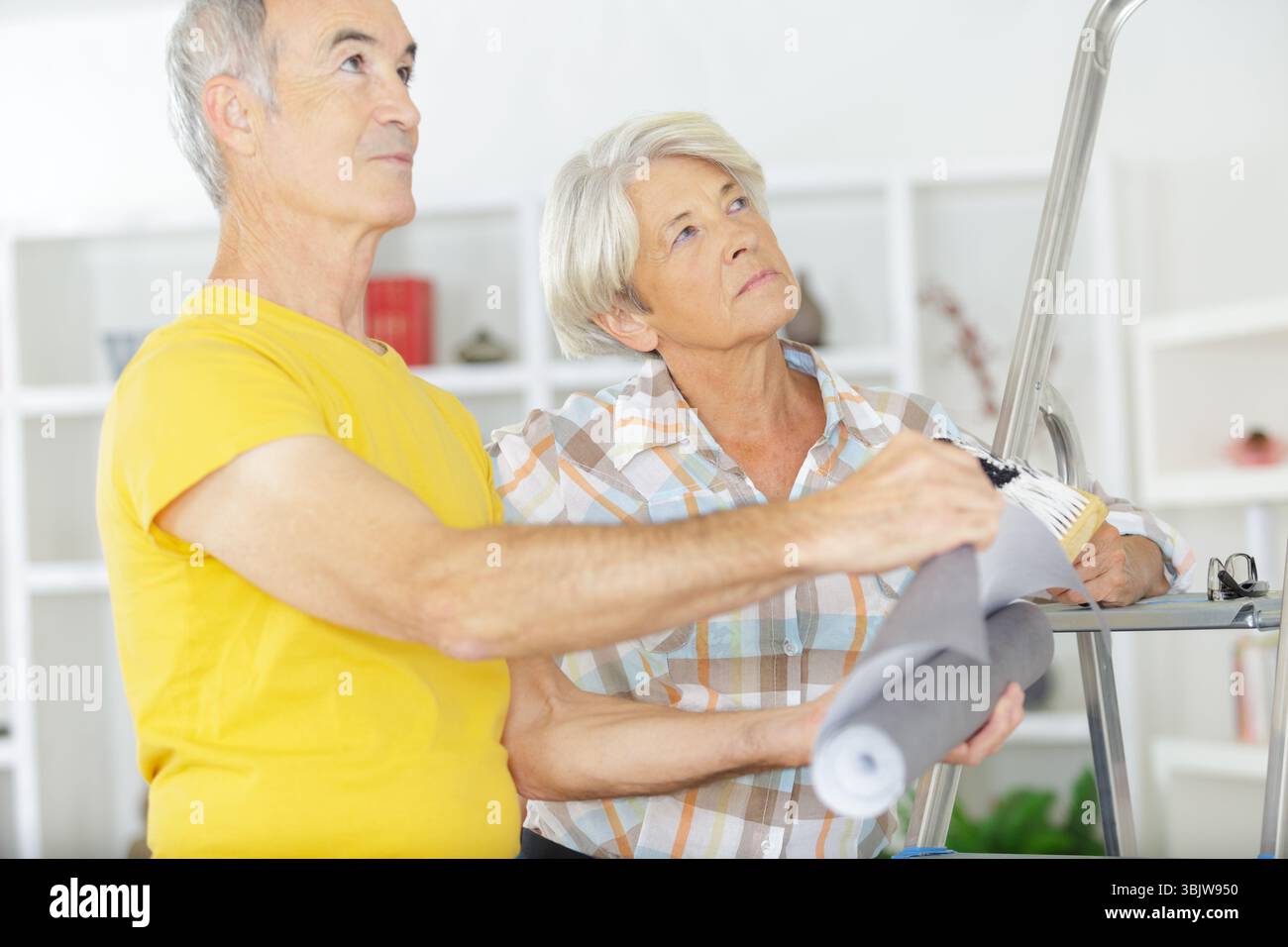 happy senior couple doing diy Stock Photo