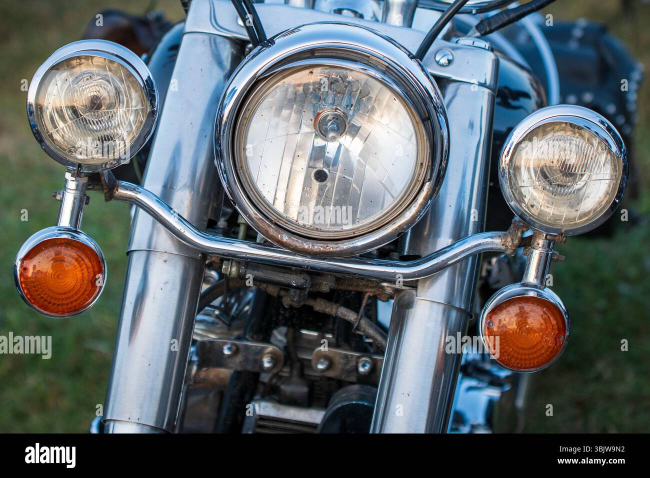 Motorbike Headlights. Close-Up Power Detail.  Front Structure Stock Photo