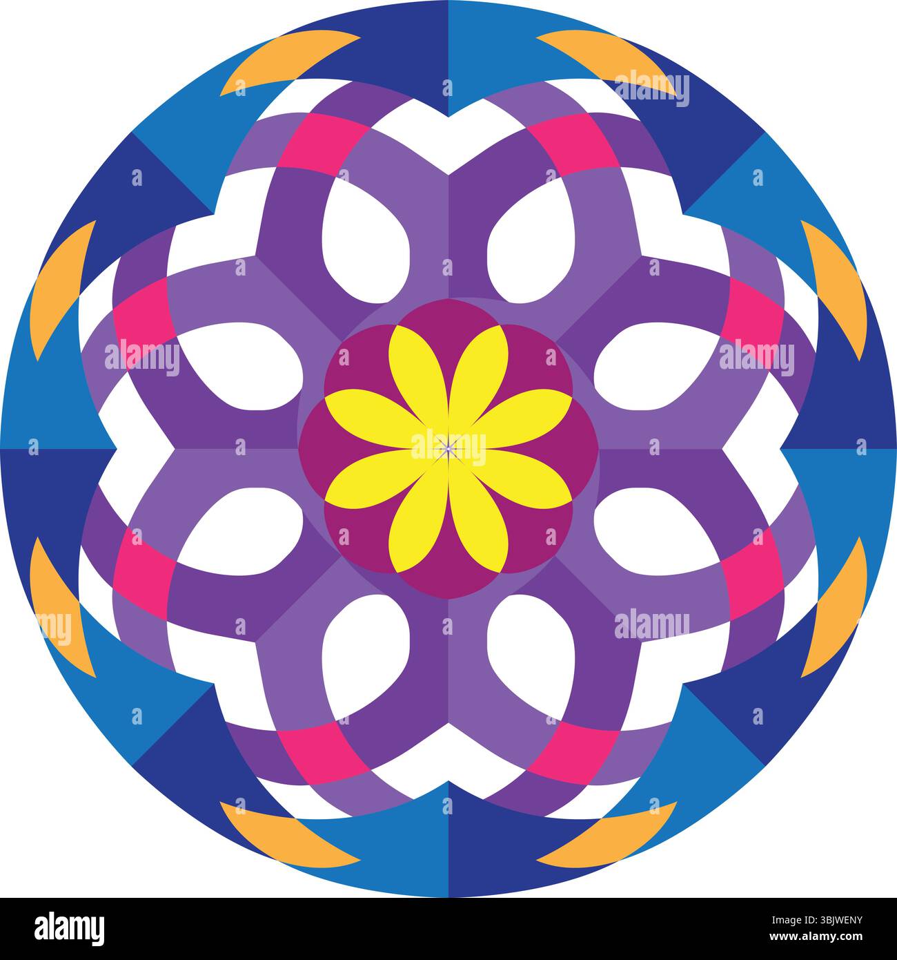 An intricate and colorful abstract floral mandala featuring a central yellow flower, interwoven purple and pink translucent petals, and an outer blue Stock Vector