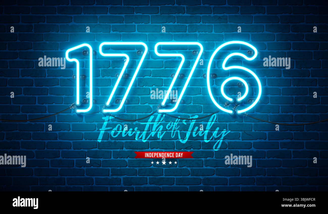 4th of July Independence Day Banner Illustration with 1776 Glowing Neon ...