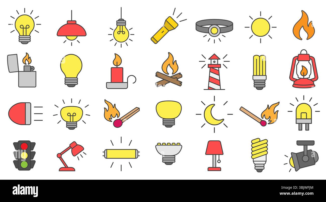 Light color icon symbol set. Light bulb, lamp, flashlight, LED, lantern, spotlight, campfire and lighter icons sign. Vector illustration image. Isolat Stock Vector