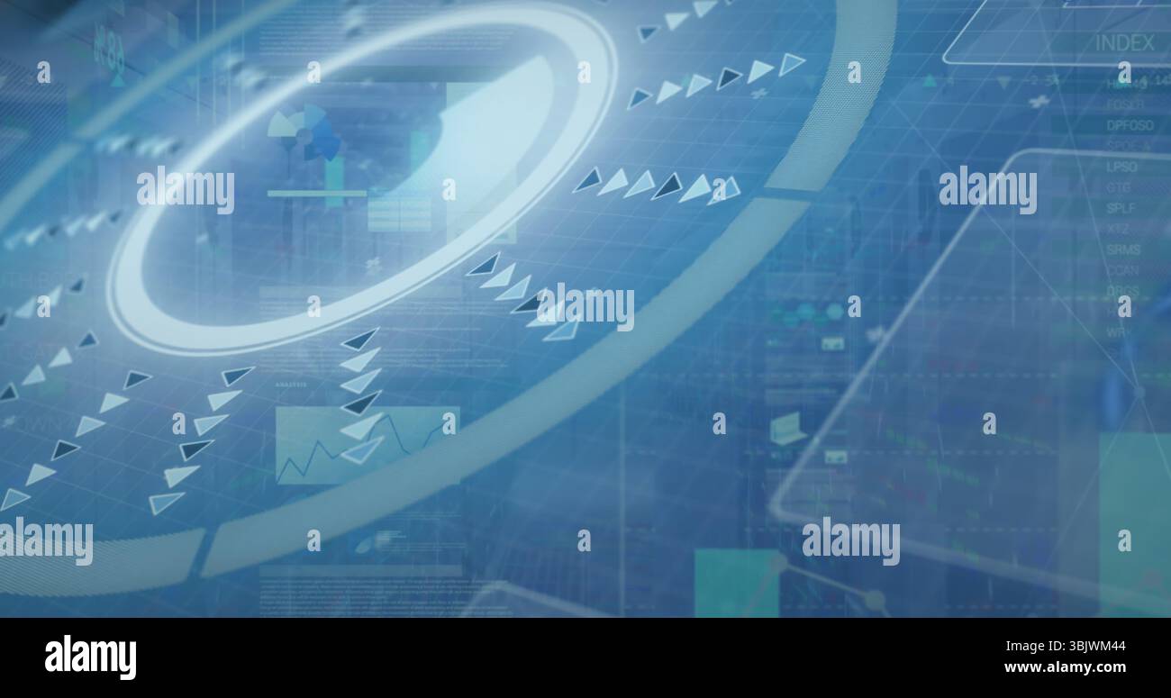 Displaying glowing ring radiating triangular arrow icons over virtual dashboard, with data panels Stock Photo
