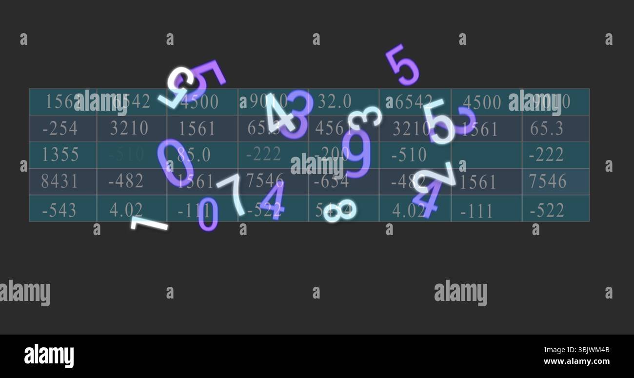 Displaying teal-header data grid on panel, with alternating rows and floating purple white digits Stock Photo