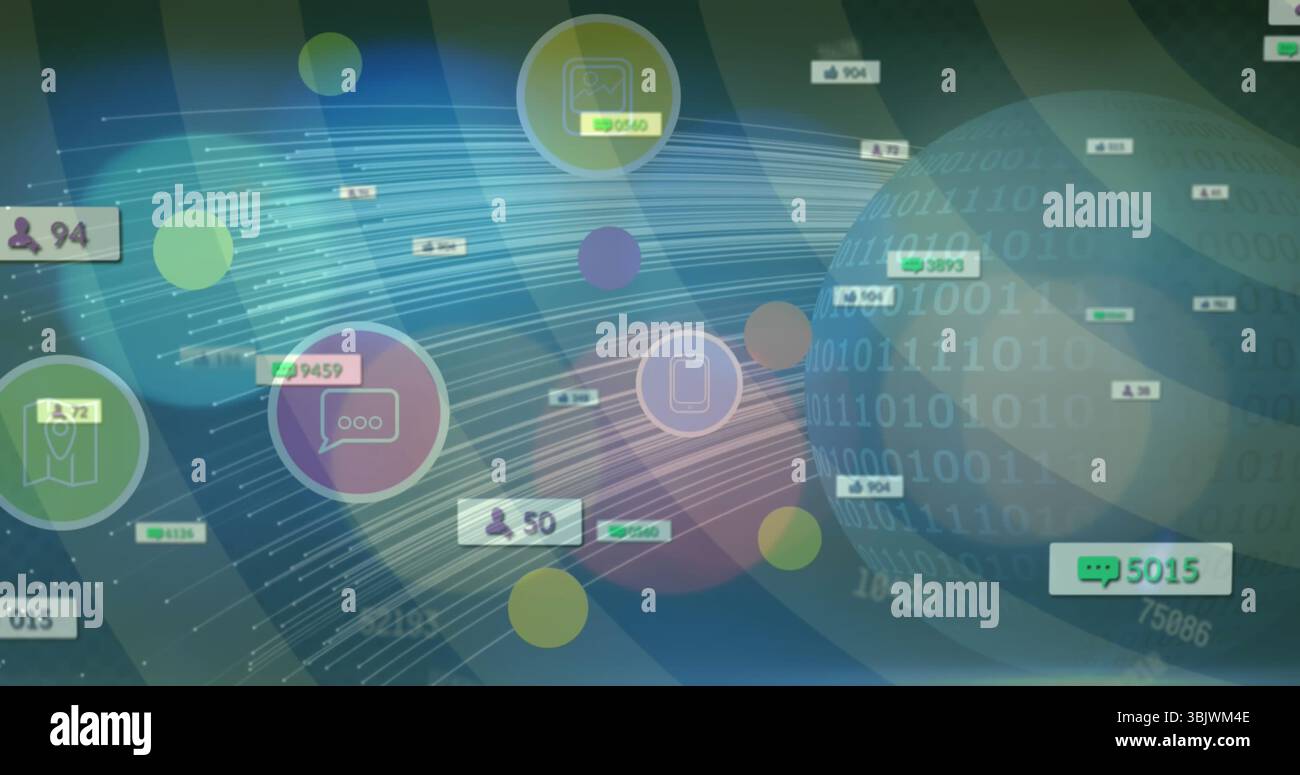 Displaying digital globe streaming binary code in virtual interface, with lines and social icons Stock Photo