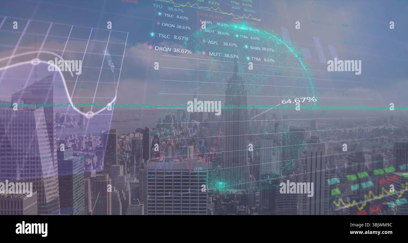 Displaying dotted digital globe mapping world data over urban skyline, with translucent line chart Stock Photo
