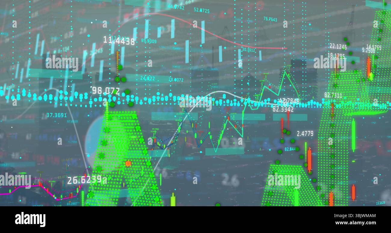Displaying financial data over trading floor, with multicolor candlesticks, graphs and data points Stock Photo