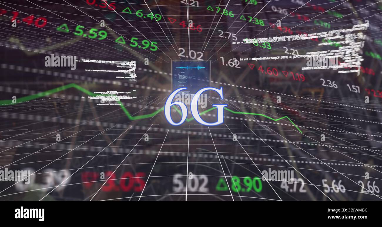 6G text hovering over wireframe grid in network space, with numerals, arrows, chart lines, code Stock Photo