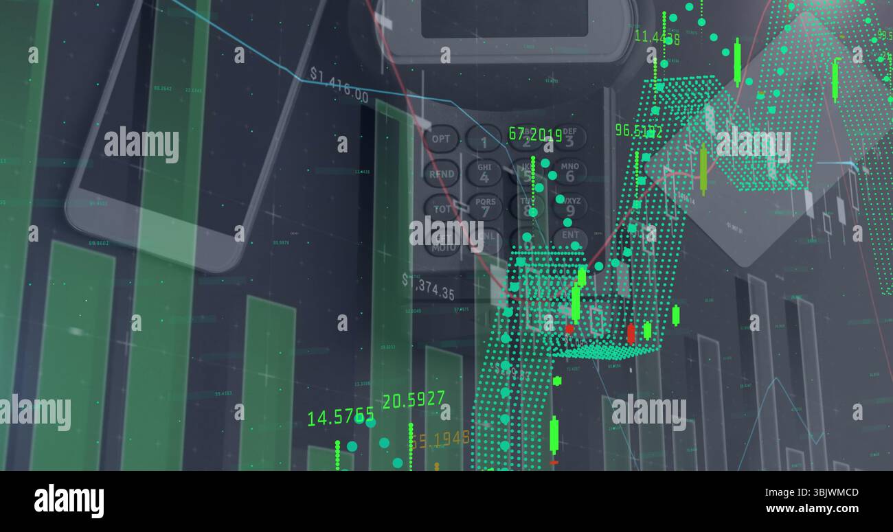 Displaying chart on office desktop with smartphone, calculator keypad ...