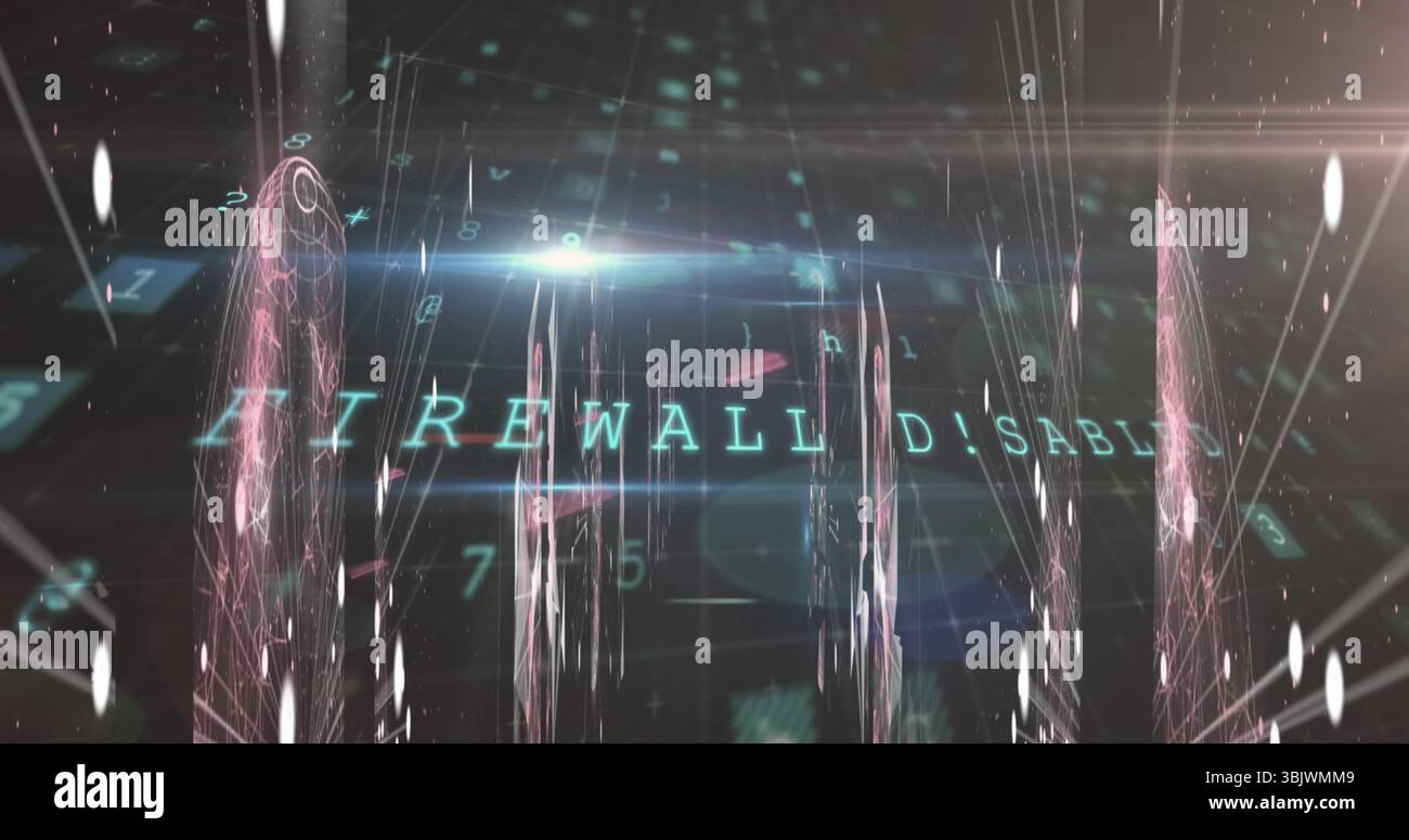 Displaying glowing text FIREWALL DISABLED hovering within cyberspace, pillars, numeric digits Stock Photo