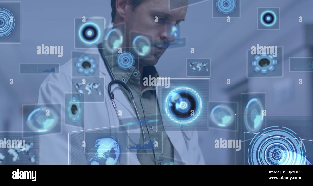 Physician in lab coat with stethoscope analyzing holographic charts in ...