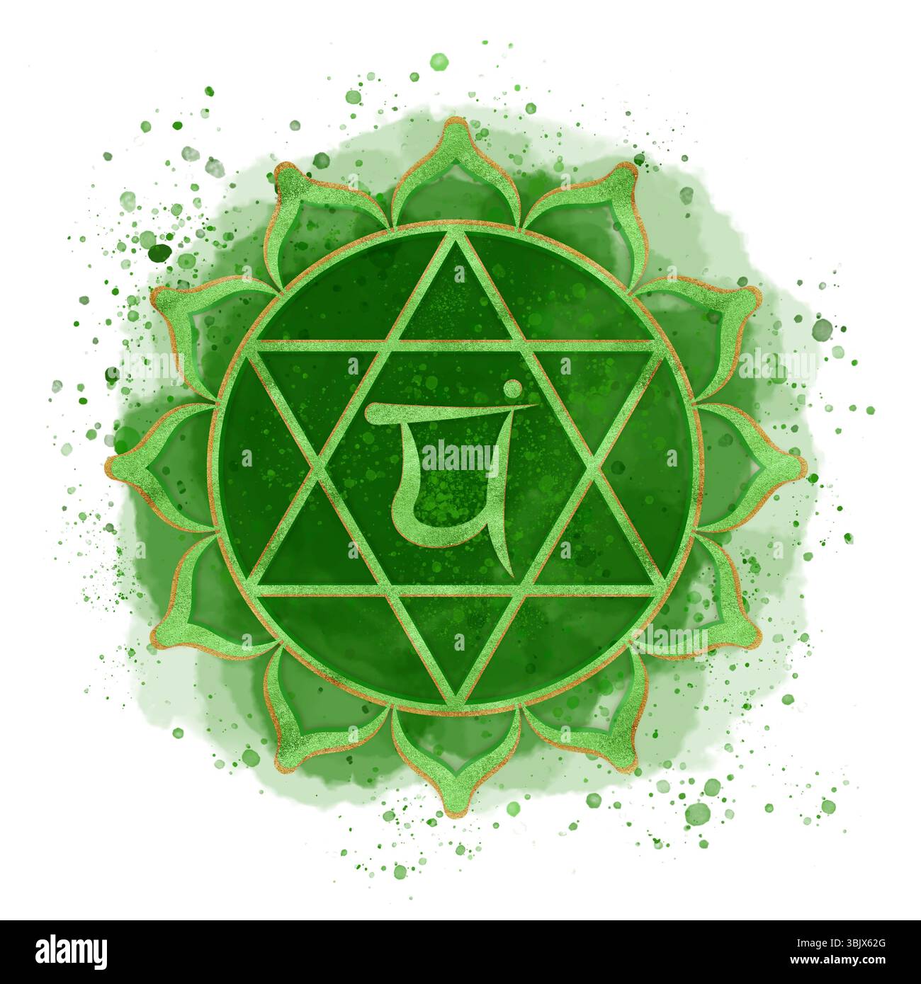 Golden green symbol of Heart chakra Anahata on watercolor background with splatter and Sanskrit letters in the center. Energy balance. Hand-drawn illu Stock Photo