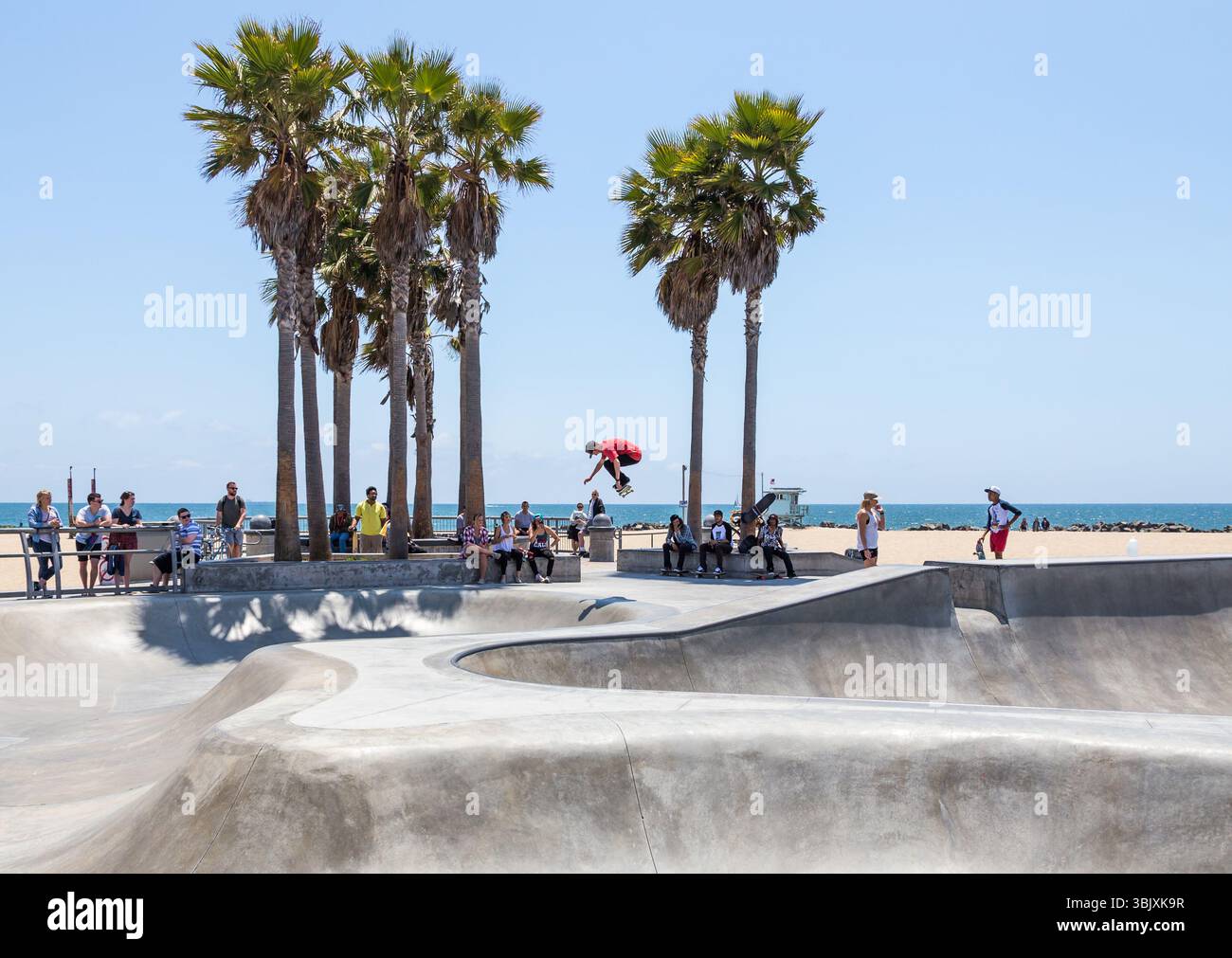 Venice Beach, Skaters in Skatepark , California. Venice Beach is one of most popular beaches of LA County. Stock Photo
