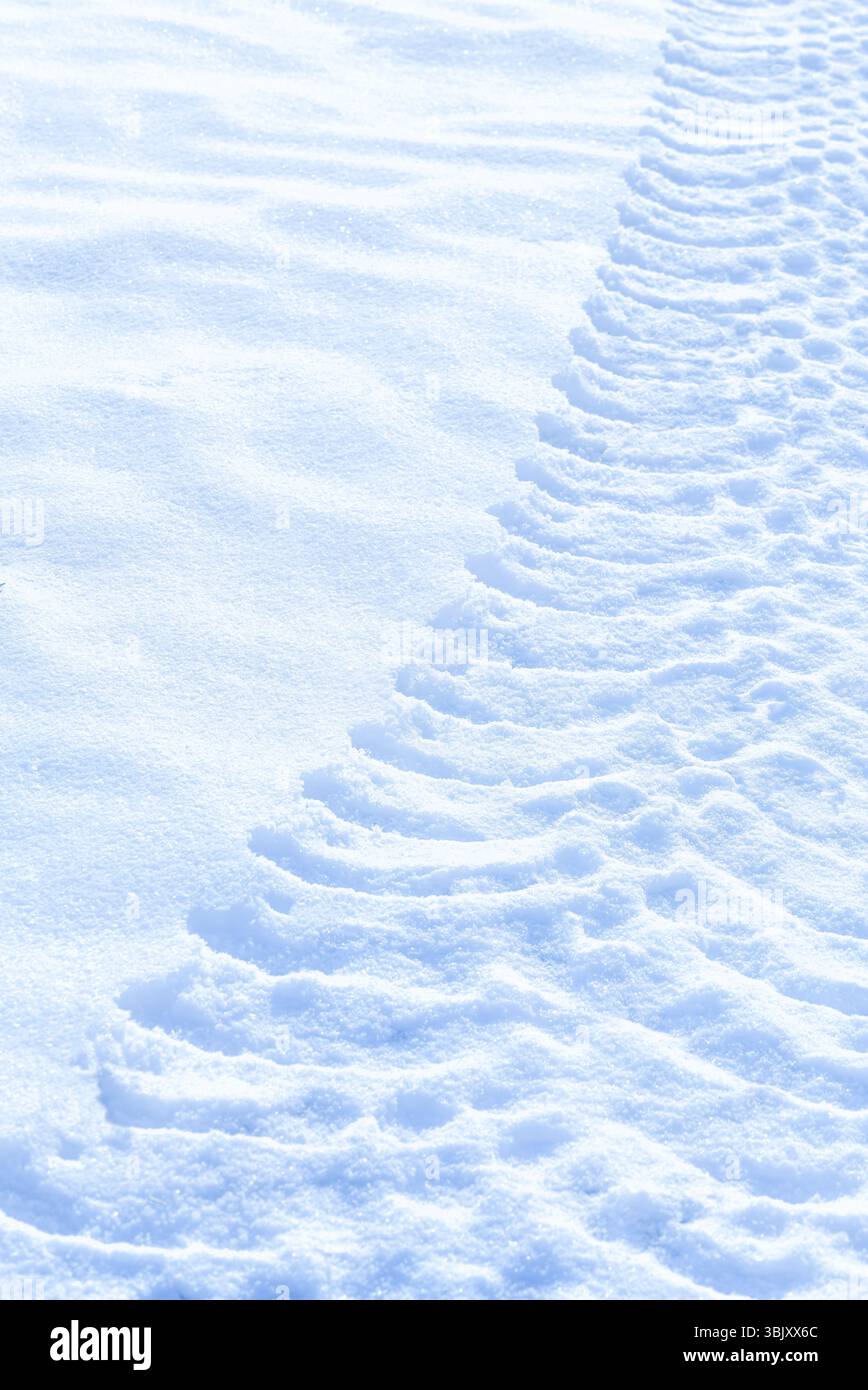 Tractor clear trail tracks in snow blue tone sunny day background Stock Photo