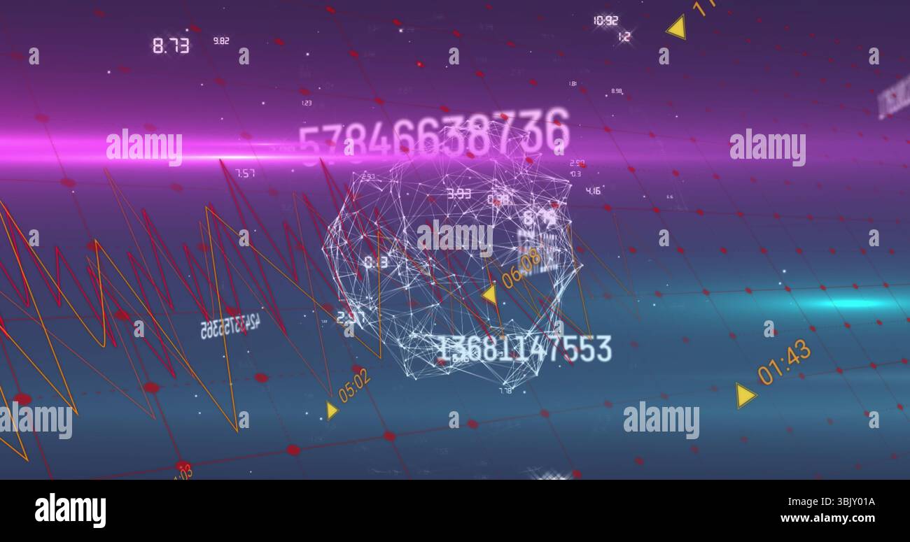 Displaying wireframe sphere floating in 3D space, with numeric overlays, yellow markers, line graph Stock Photo