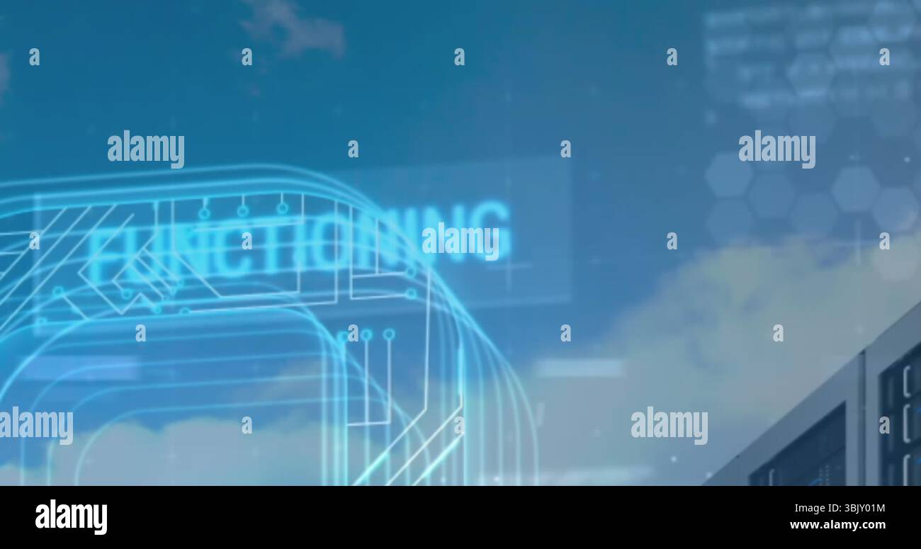 Overlaying digital circuit schematic with hexagonal pattern mesh on building facade, copy space Stock Photo