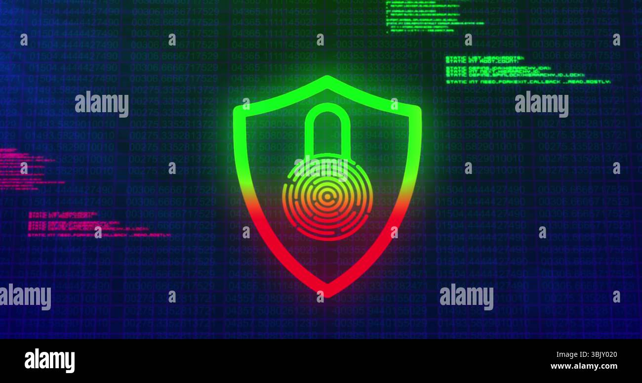 Displaying shield icon merging padlock and fingerprint on cybersecurity interface, binary streams Stock Photo