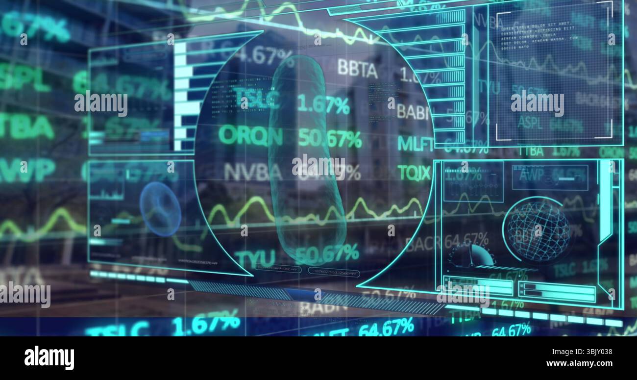 Holographic interface spanning control room, displaying molecular structure, globe, stock tickers Stock Photo