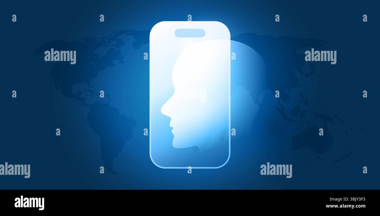 Blue and white futuristic concept of use AI on mobile devices. A human face silhouette emerges from a smartphone, symbolizing facial recognition techn Stock Vector