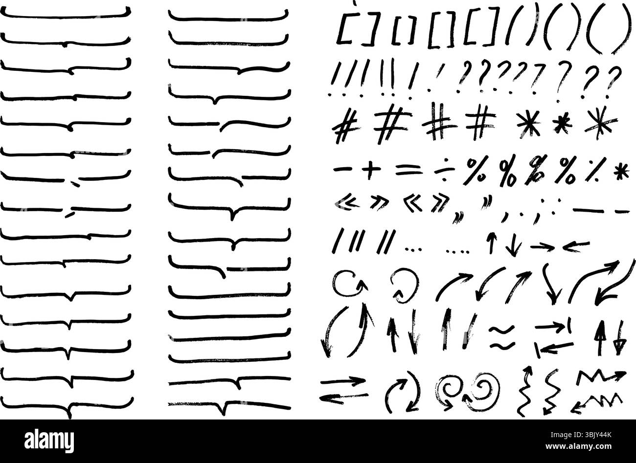 Marker felt pen or crayon doodle text frames, direction arrows and text marks emphasis scribbles collection. Stock Vector