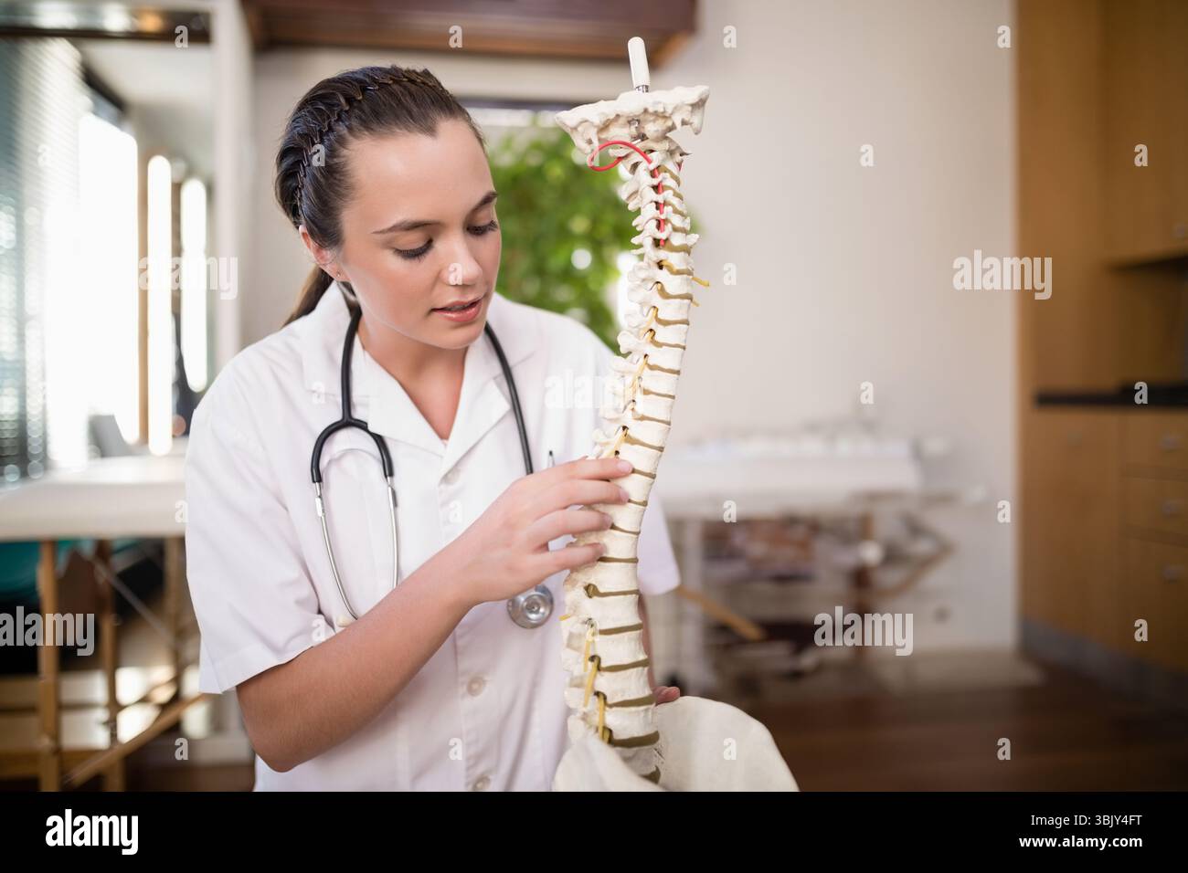 Woman wearing lab coat and stethoscope examining spine model beside ...