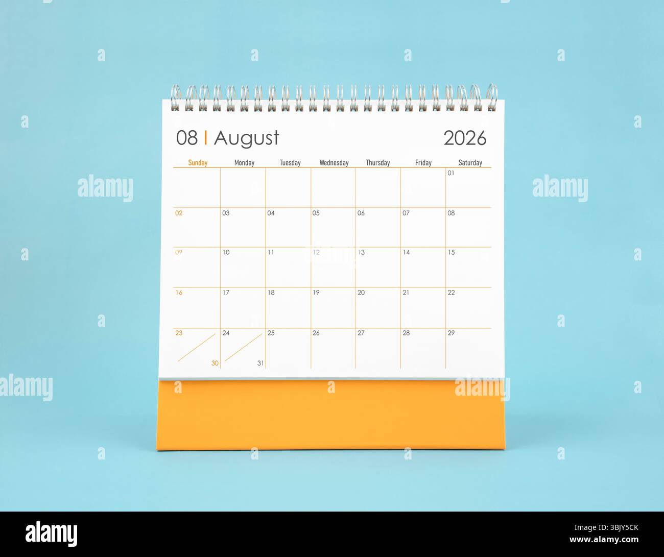 August 2026 white desk calendar on blue background. Planning and goals ...