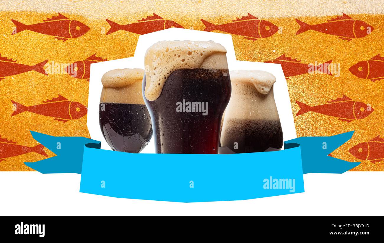 Creative digital artwork showing three frothy dark beers against textured orange fish pattern with blue ribbon in bold retro pixel art style. Stock Photo