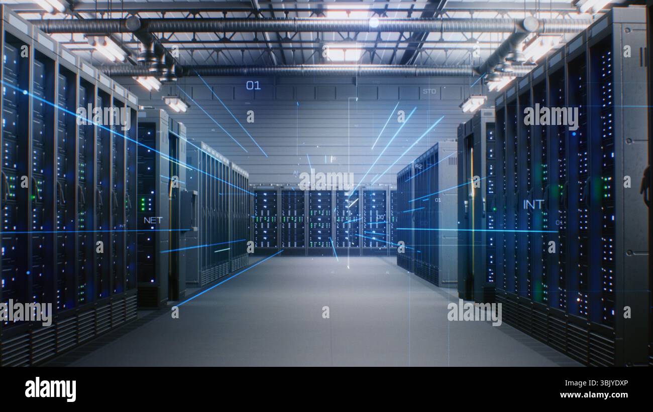 Futuristic Data Center with Server Racks in Big Warehouse. Animated Visualization of Data Flow, Internet Traffic on Servers. Information Technology, Digitalization Concept. VFX Animation. Dolly Shot. Stock Photo