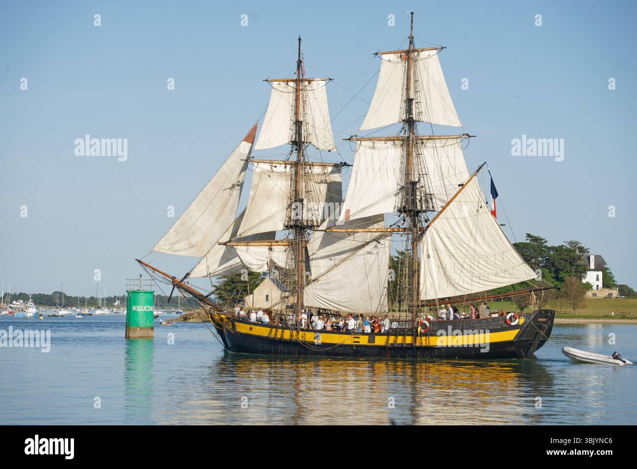 Phoenix : a brig-rigged vessel, a schooner (Denmark in 1929), Rogu��das slipway, Gulf of Morbihan Week (Morbihan, France). Stock Photo
