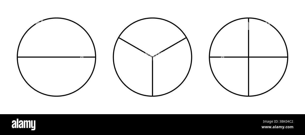 Divided circle in two, three, four segments. Pizza rounded shape, pie shape cut in 2,3,4 equal slices. Black simple line chart. Outline style.  Stock Vector