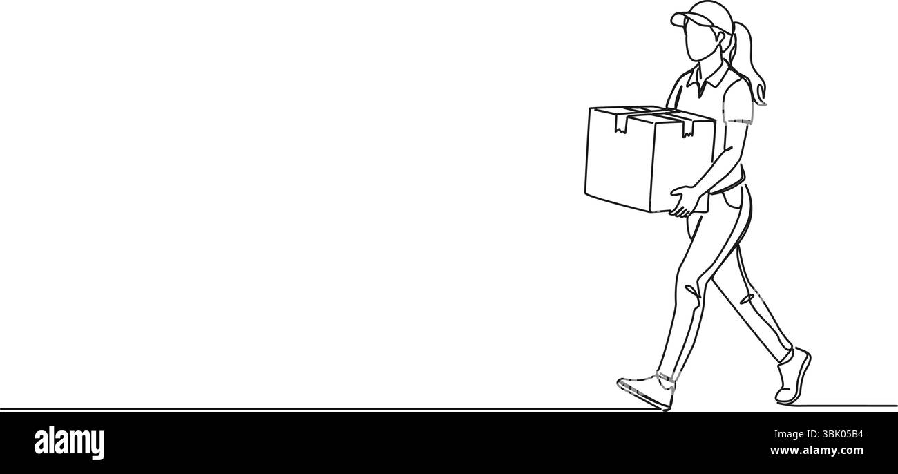 continuous single line drawing of female package deliverer carrying ...