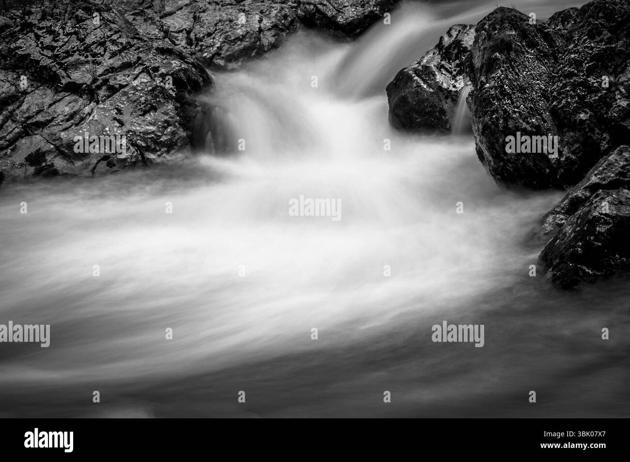 Long exposure photo of a Fast mountain river in black and white Stock Photo