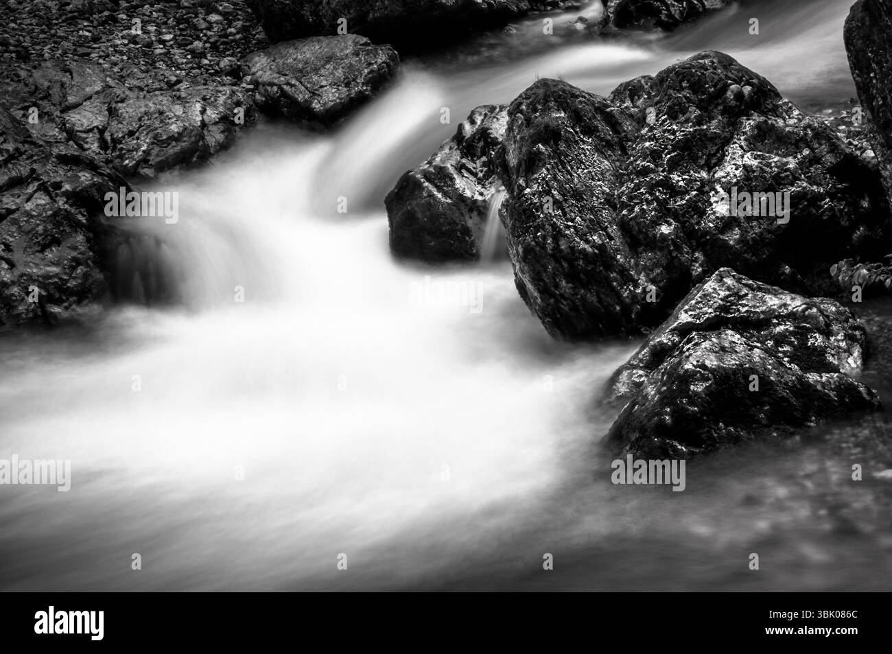 Long exposure photo of a Fast mountain river in black and white Stock Photo