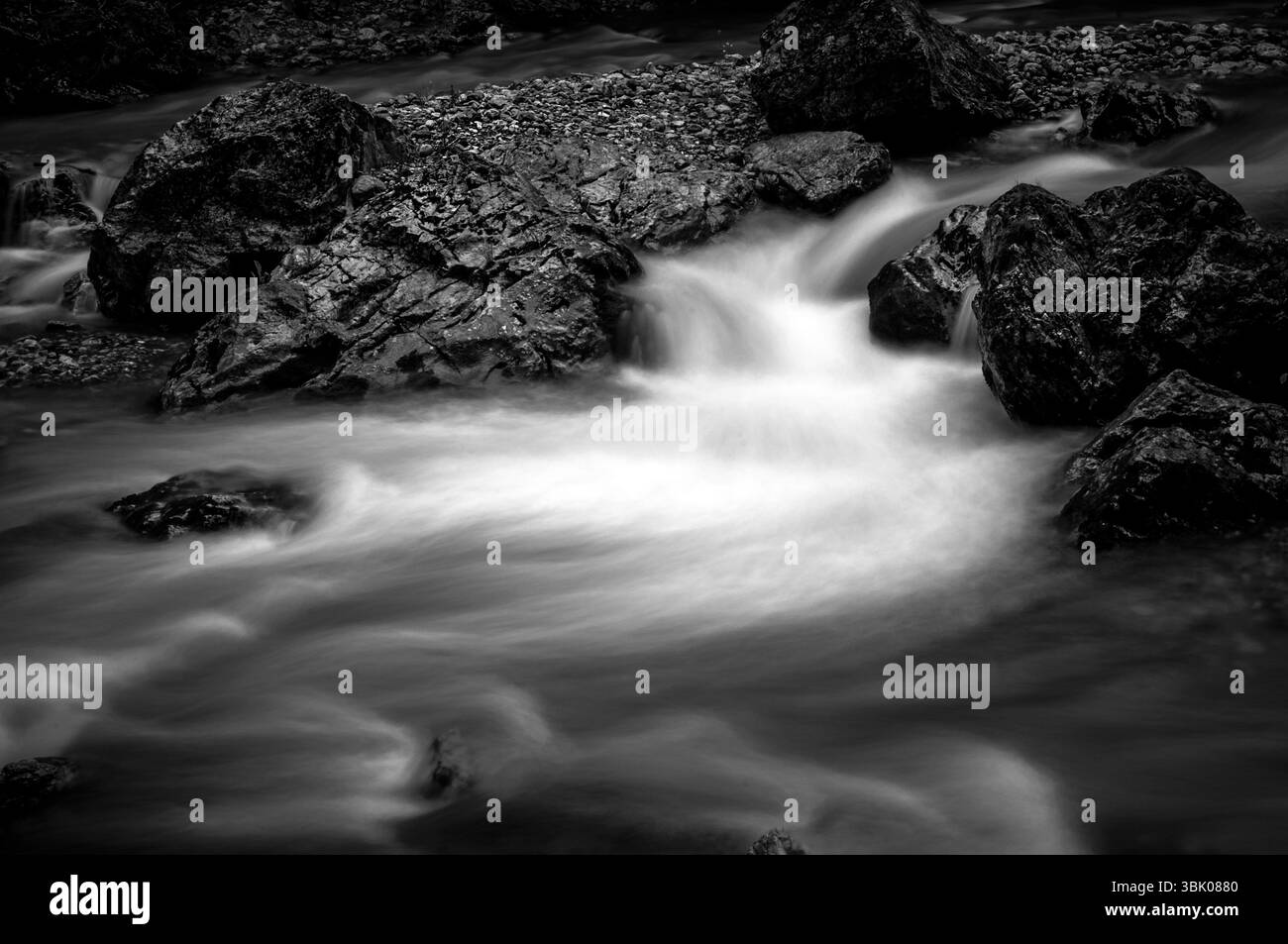 Long exposure photo of a Fast mountain river in black and white Stock Photo