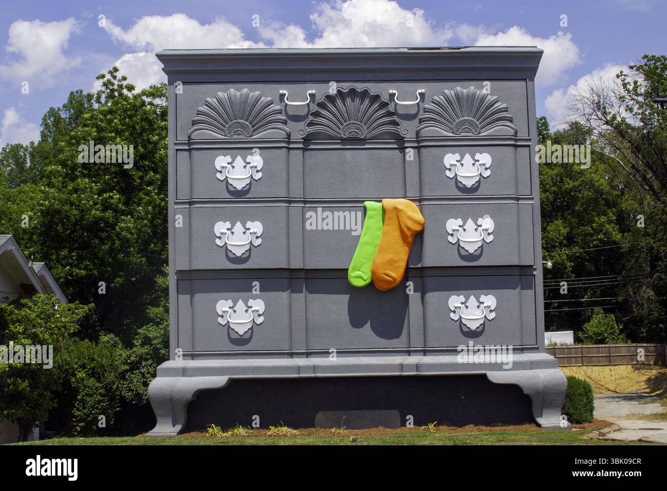 Giant bureau sculpture in downtown High Point, North Carolina, repainted in 2019 to celebrate the city’s furniture heritage and arts. Stock Photo