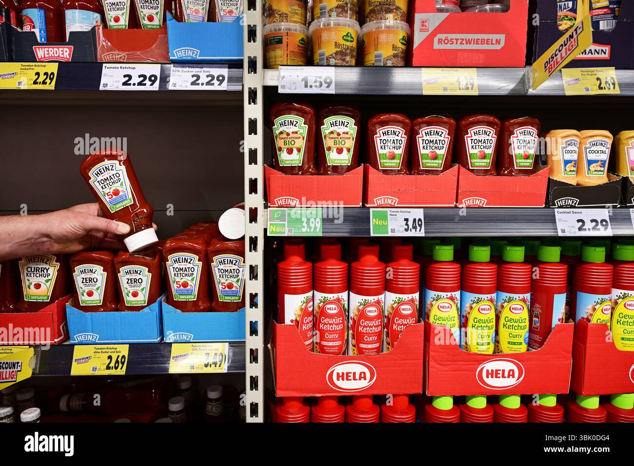 Assortment of ketchup products in a Shop Stock Photo