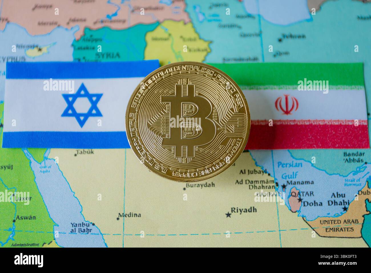 A golden Bitcoin sits between the Israeli and Iranian flags on a Middle ...