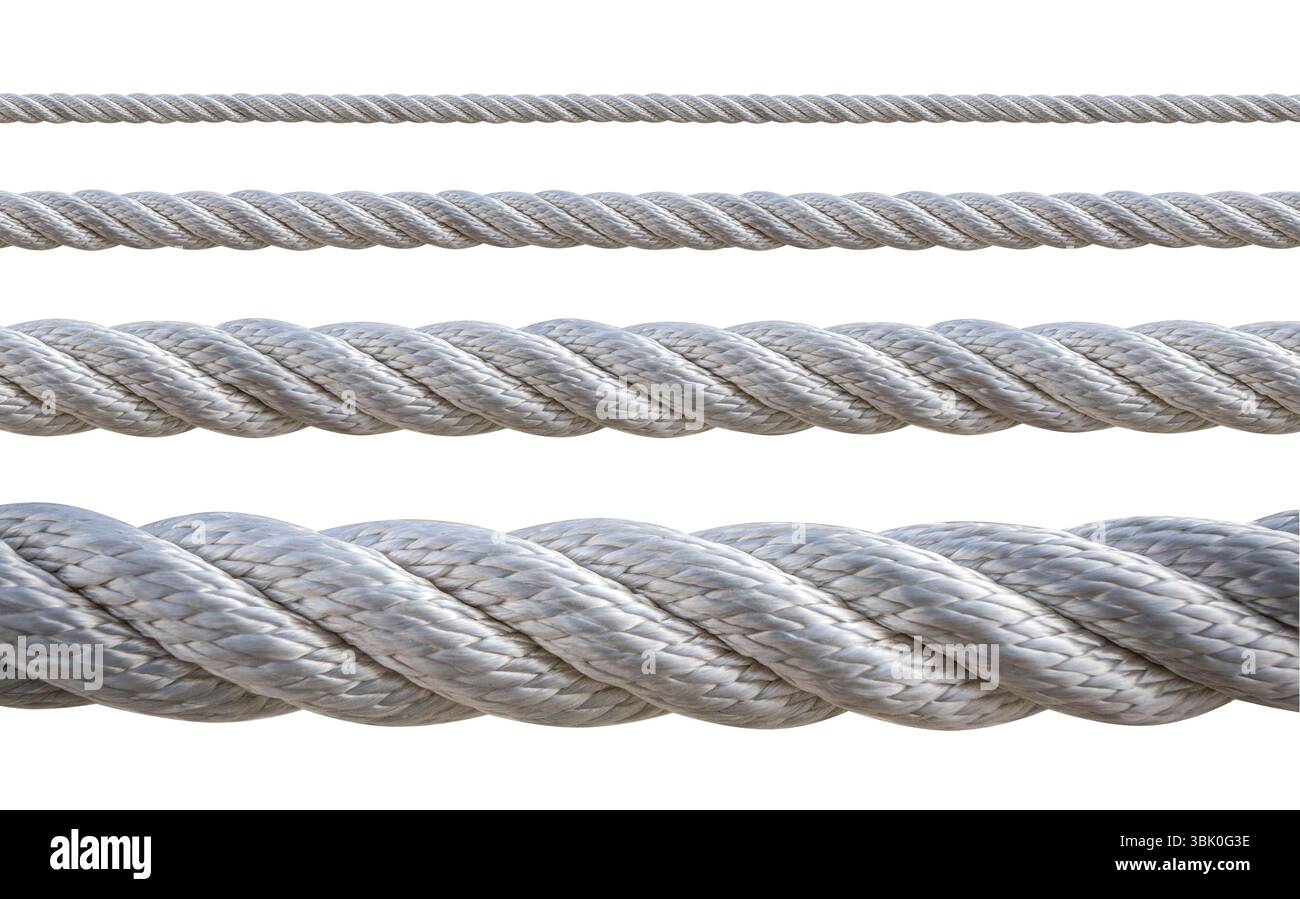 Grey Metal Rope Four grey ropes of different thicknesses are lying horizontally on a ...