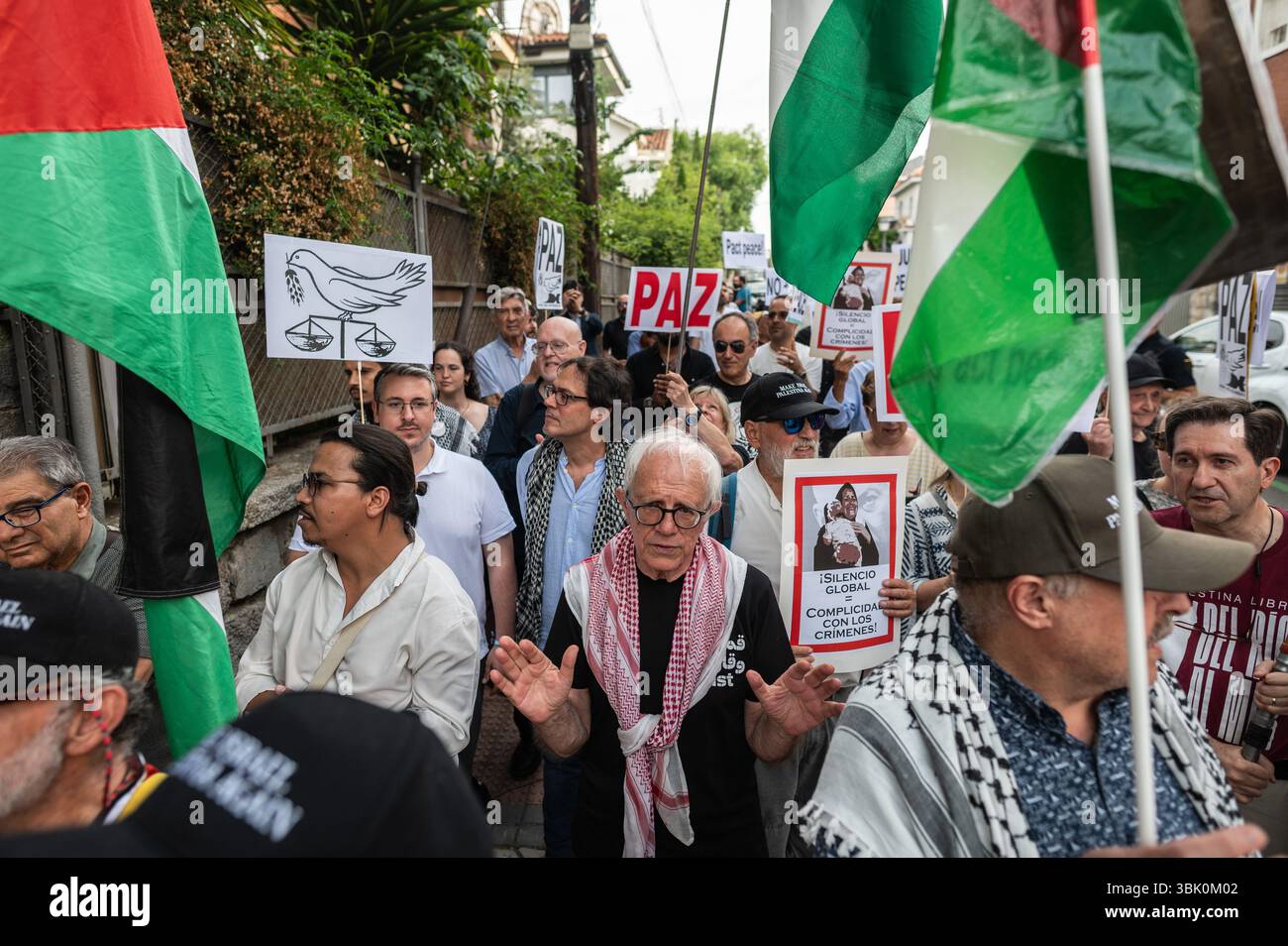Protesters wave flags and placards during a protest. People have