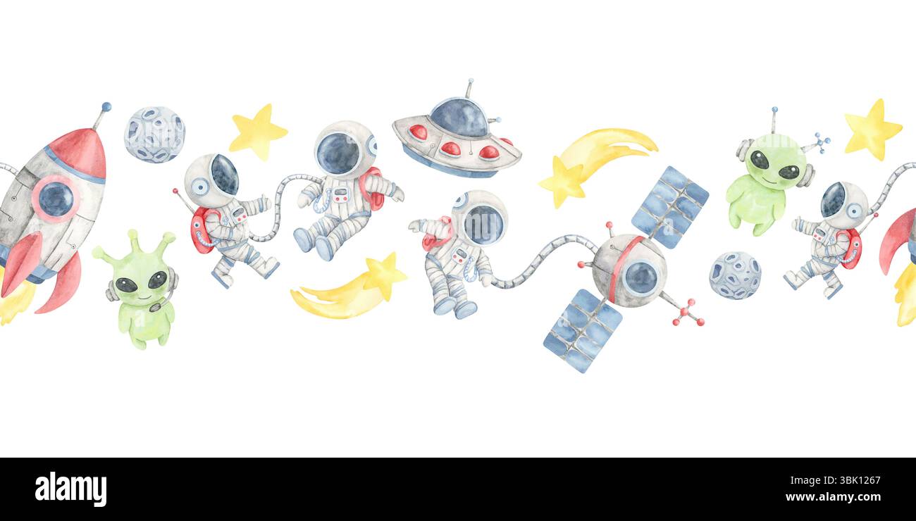 A mix of red rockets, astronauts, green aliens, blue satellites, stars ...