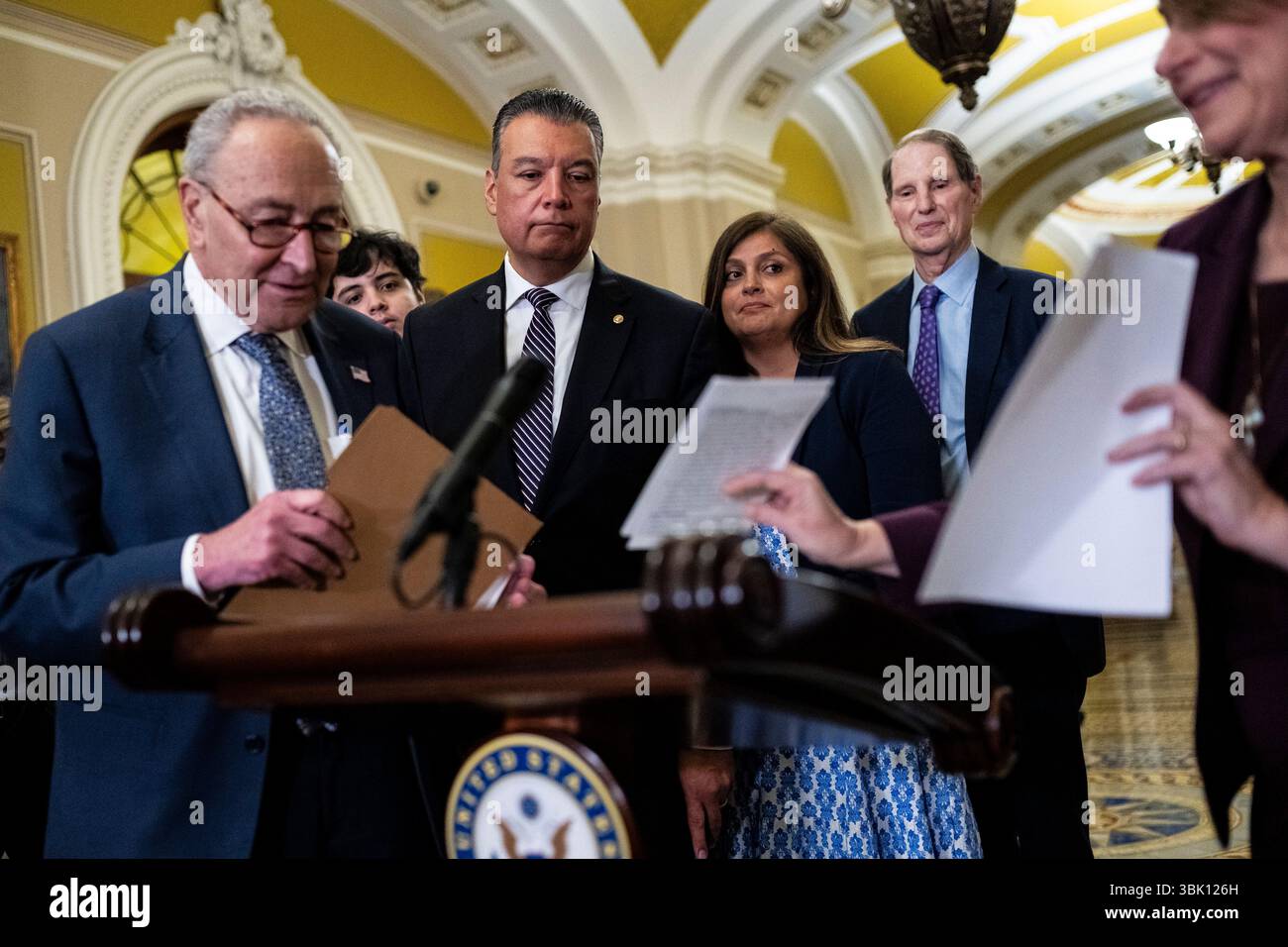Washington, USA. 17th June, 2025. Senator Alex Padilla (D-CA) and wife Angela Padilla watch Senators shuffle papers during the weekly Senate Democrat Leadership press conference, at the U.S. Capitol, in Washington, DC, on Tuesday, June 17, 2025. (Graeme Sloan/Sipa USA) Credit: Sipa USA/Alamy Live News Stock Photo
